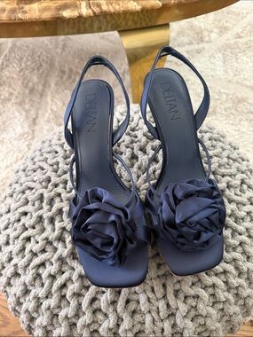 Deltan Navy Satin Slingback Heels with Rosette Accent